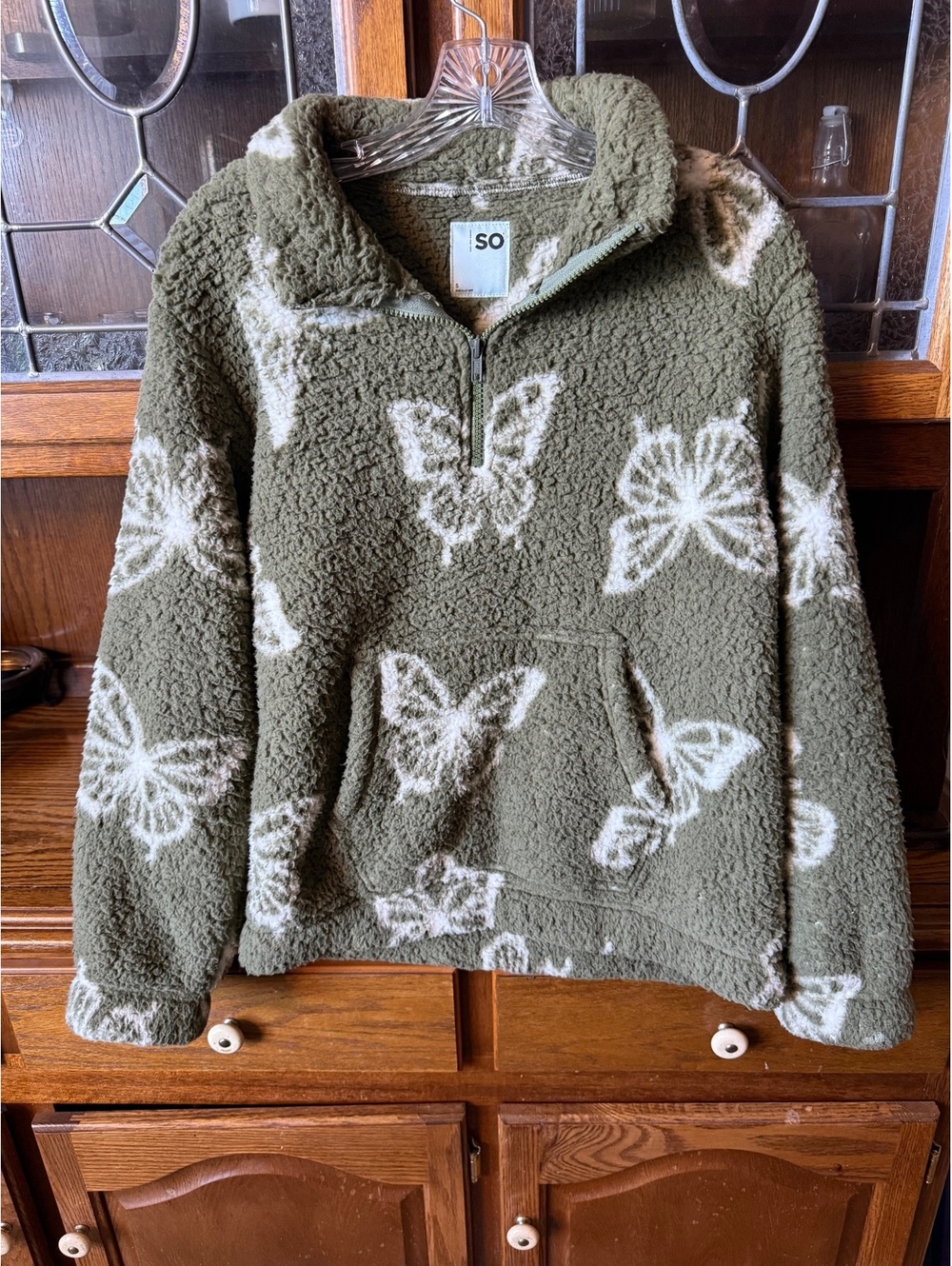 SO Sherpa Fleece Quarter Zip Pullover S Olive Green Butterfly Print Cozy